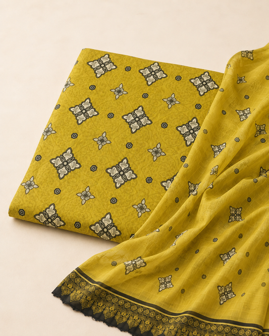 Mustard Olive Printed Lawn 3-Piece Unstitched Suit