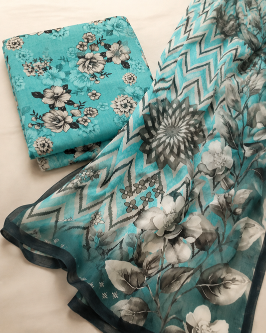 Aqua Turquoise Floral Linen 3-Piece Unstitched Suit