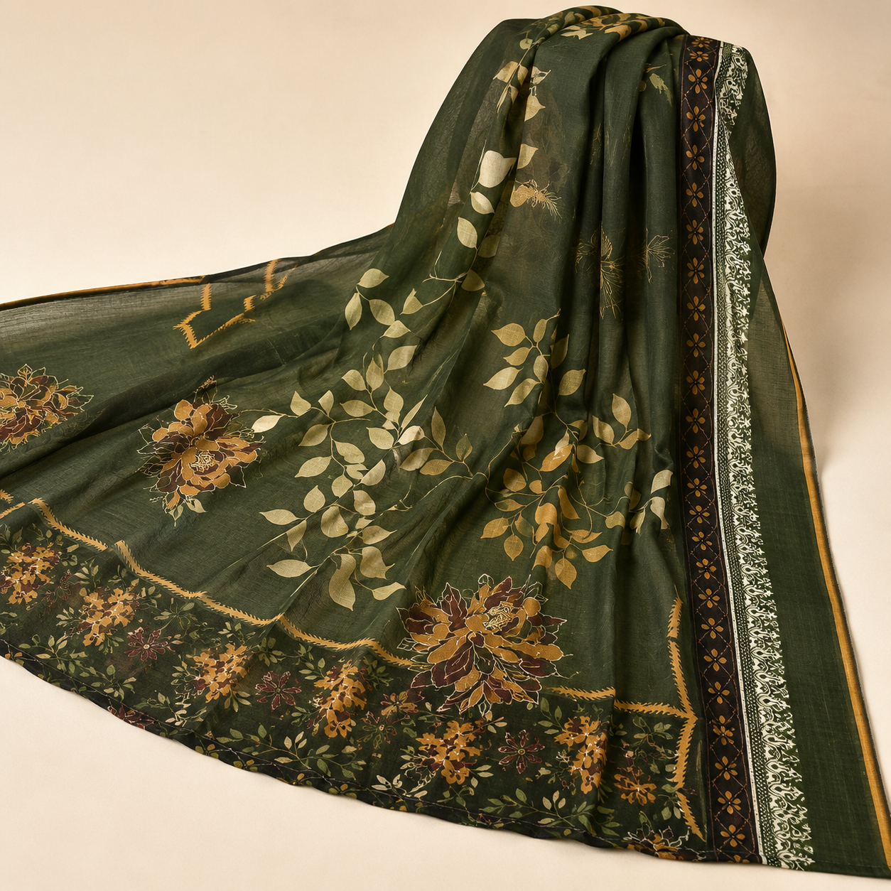 Dark Green Floral Linen 3-Piece Unstitched Suit (Alkaram)