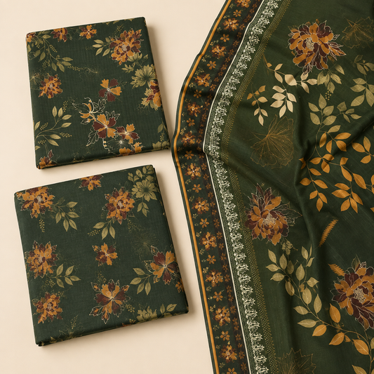 Dark Green Floral Linen 3-Piece Unstitched Suit (Alkaram)
