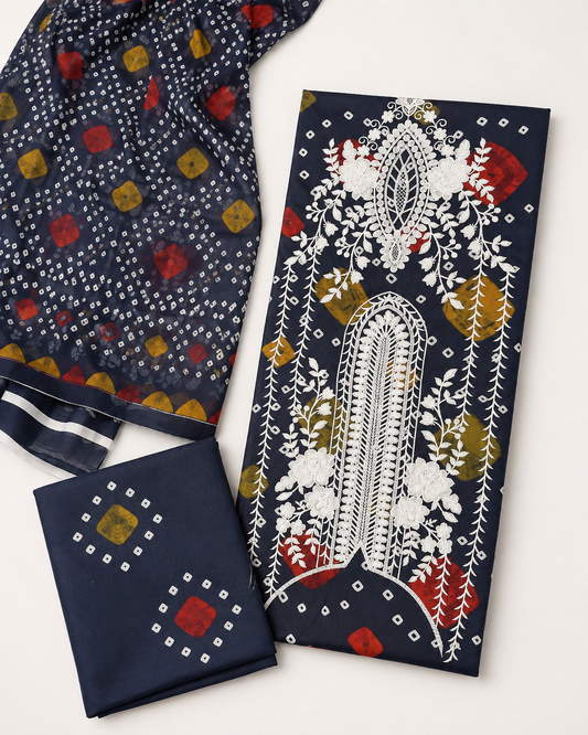 Navy Blue Embroidered Linen 3-Piece Unstitched Suit