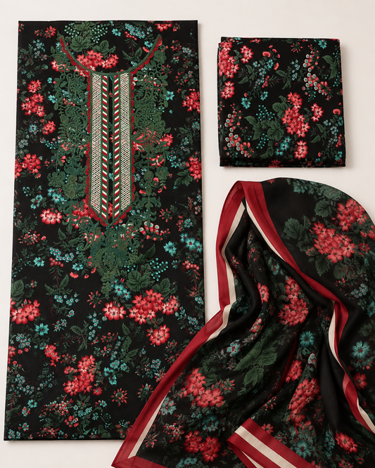Black Floral Embroidered Linen 3-Piece Suit