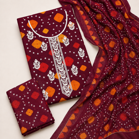3-Piece Burgundy Embroidered Lawn Suit with Chiffon Dupatta