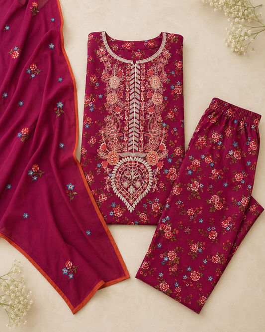 Ladies Embroidered Neck (Linen) Suit — Pink/Red Floral