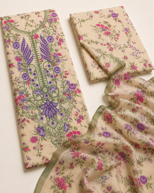 3-Piece Ivory Floral Embroidered Lawn Suit with Chiffon Dupatta