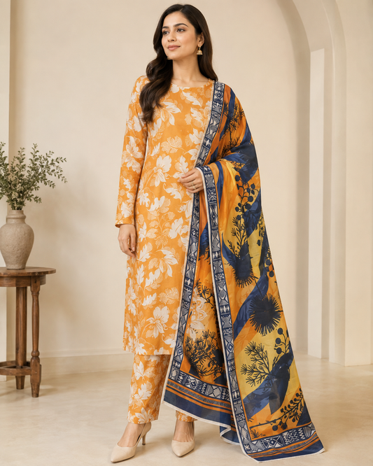 Marigold Orange & Navy Printed Lawn 3-Piece Suit with Voile Dupatta