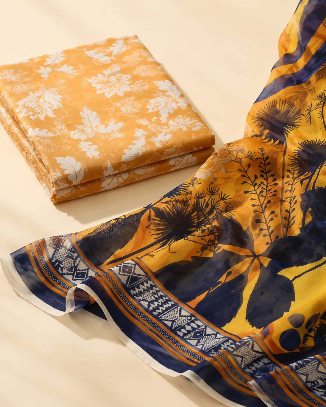 Marigold Orange & Navy Printed Lawn 3-Piece Suit with Voile Dupatta