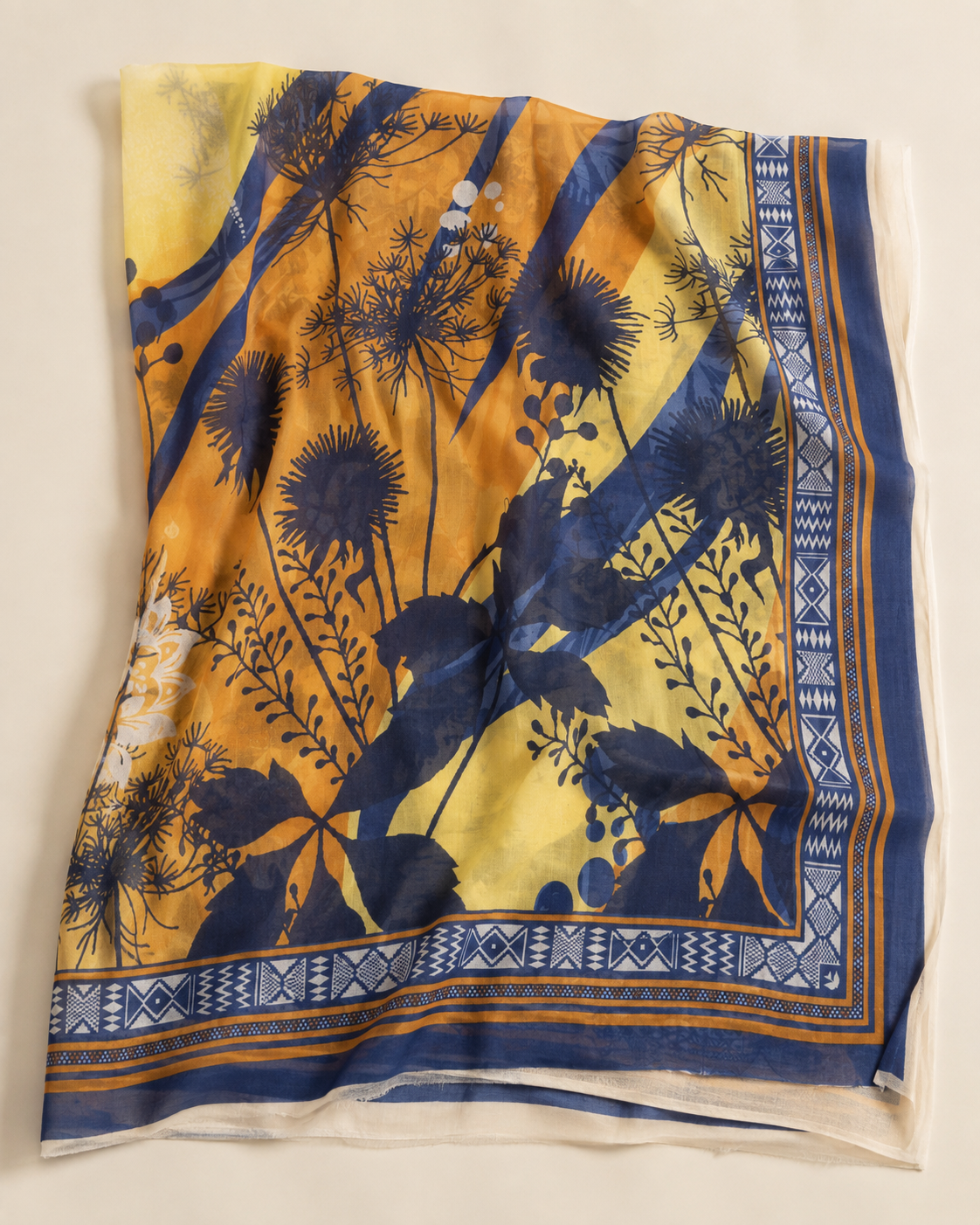 Marigold Orange & Navy Printed Lawn 3-Piece Suit with Voile Dupatta