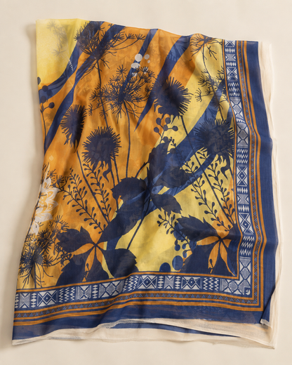 Marigold Orange & Navy Printed Lawn 3-Piece Suit with Voile Dupatta