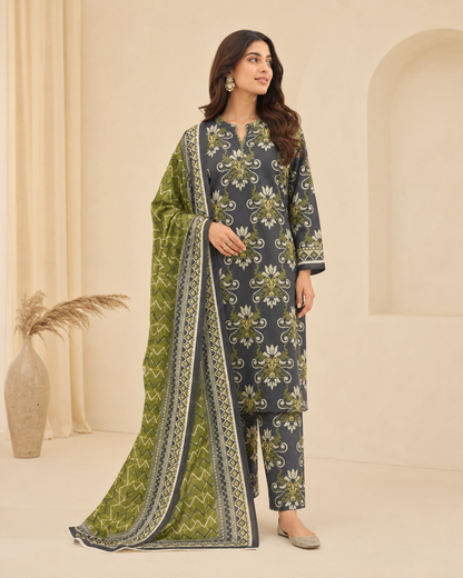 Charcoal Olive Printed Lawn 3-Piece Unstitched Suit with Voile Dupatta