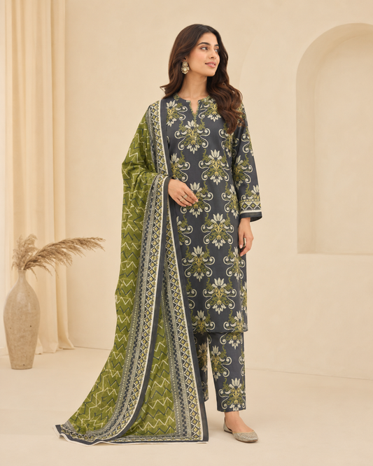 Charcoal Olive Printed Lawn 3-Piece Unstitched Suit with Voile Dupatta