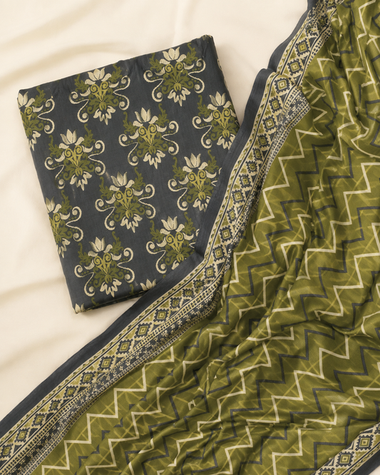 Charcoal Olive Printed Lawn 3-Piece Unstitched Suit with Voile Dupatta
