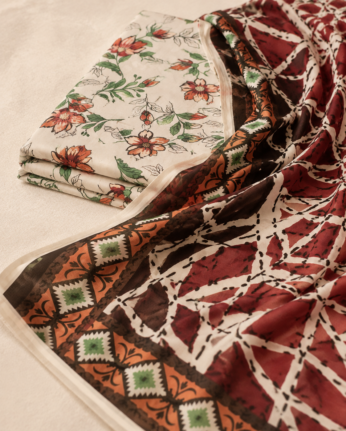 Ivory Coral & Maroon Floral Lawn 3-Piece Suit with Voile Dupatta