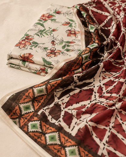 Ivory Coral & Maroon Floral Lawn 3-Piece Suit with Voile Dupatta