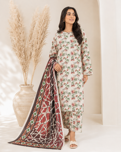 Ivory Coral & Maroon Floral Lawn 3-Piece Suit with Voile Dupatta