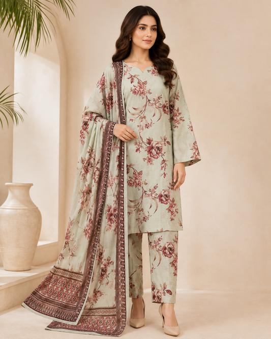 Soft Sage Rose Printed Lawn 3-Piece Unstitched Suit with Voile Dupatta