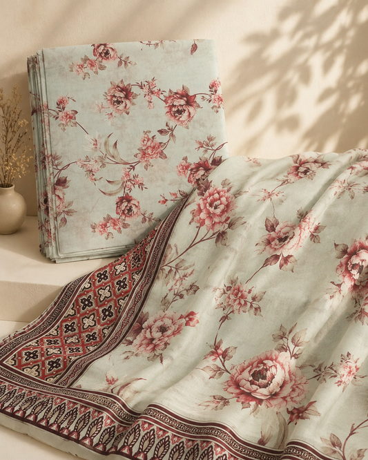 Soft Sage Rose Printed Lawn 3-Piece Unstitched Suit with Voile Dupatta