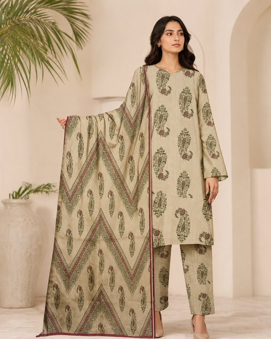Cream Paisley & Maroon Printed Lawn 3-Piece Suit with Voile Dupatta