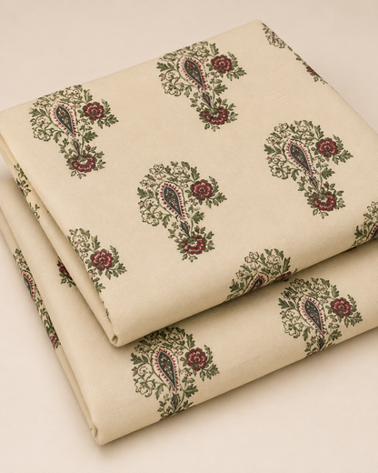 Cream Paisley & Maroon Printed Lawn 3-Piece Suit with Voile Dupatta