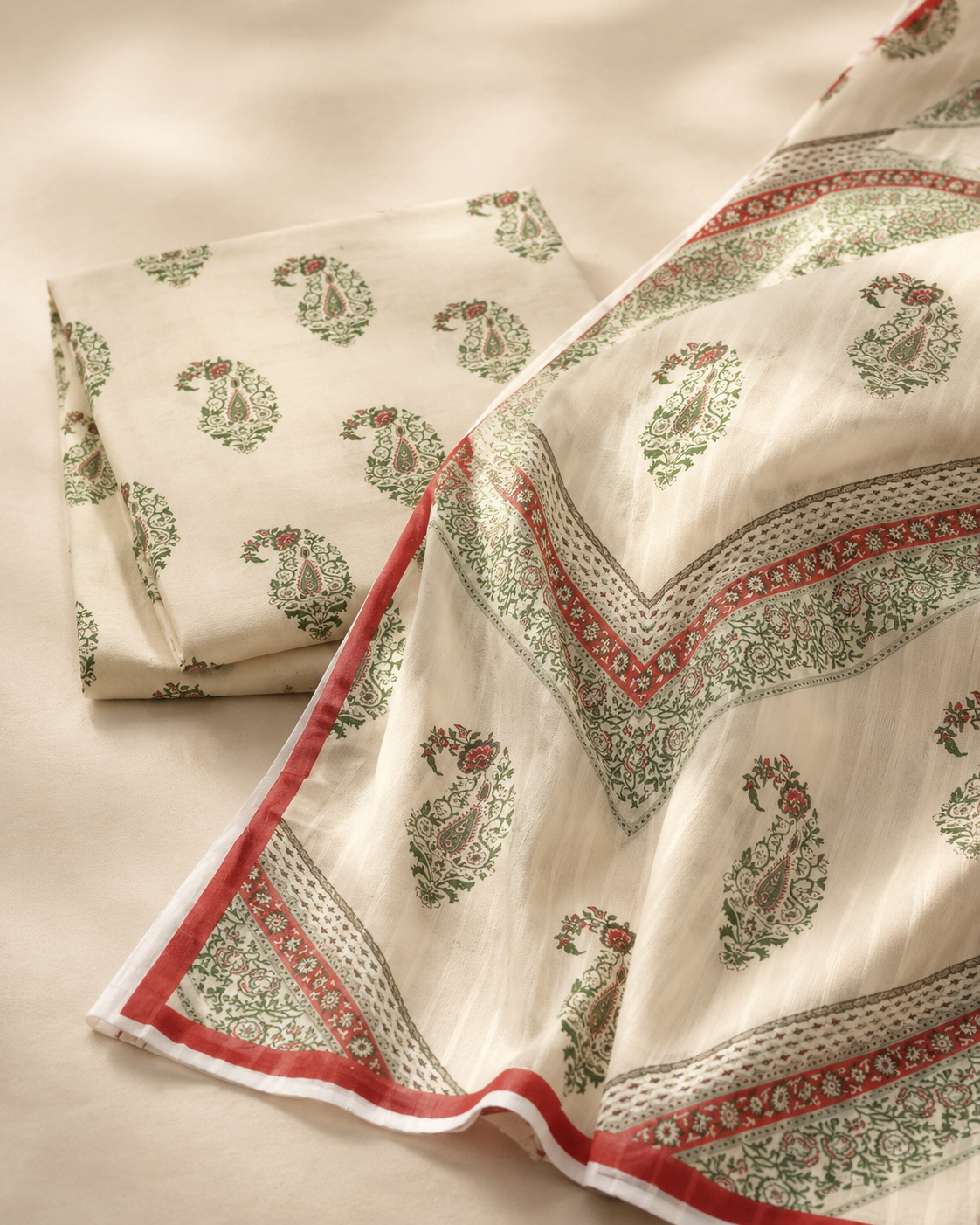 Cream Paisley & Maroon Printed Lawn 3-Piece Suit with Voile Dupatta