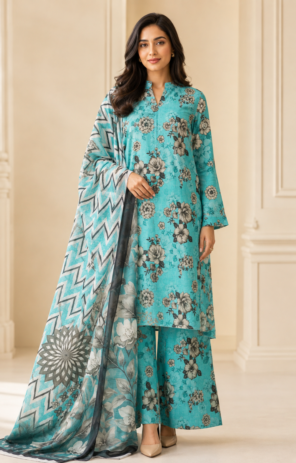 Aqua Turquoise Floral Linen 3-Piece Unstitched Suit