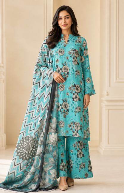 Aqua Turquoise Floral Linen 3-Piece Unstitched Suit