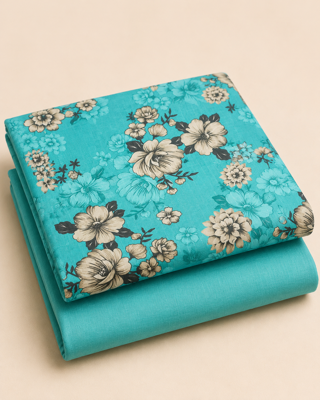 Aqua Turquoise Floral Linen 3-Piece Unstitched Suit