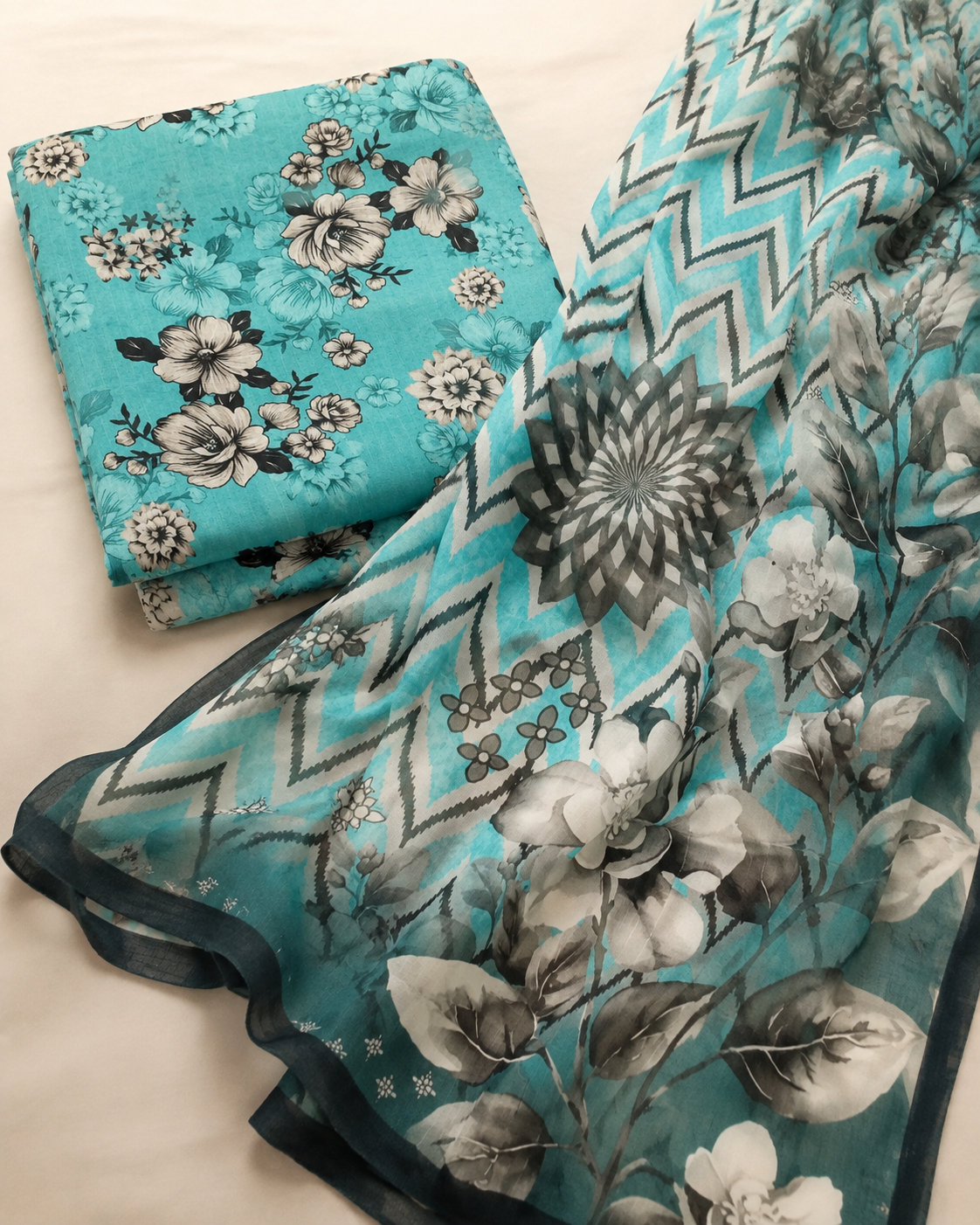 Aqua Turquoise Floral Linen 3-Piece Unstitched Suit