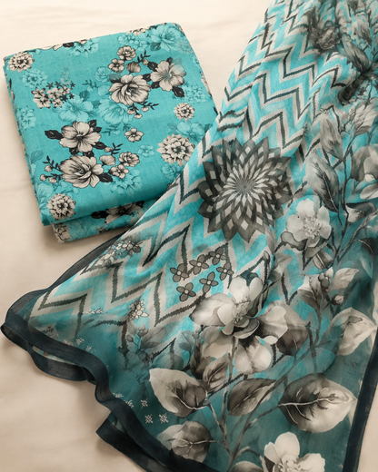 Aqua Turquoise Floral Linen 3-Piece Unstitched Suit