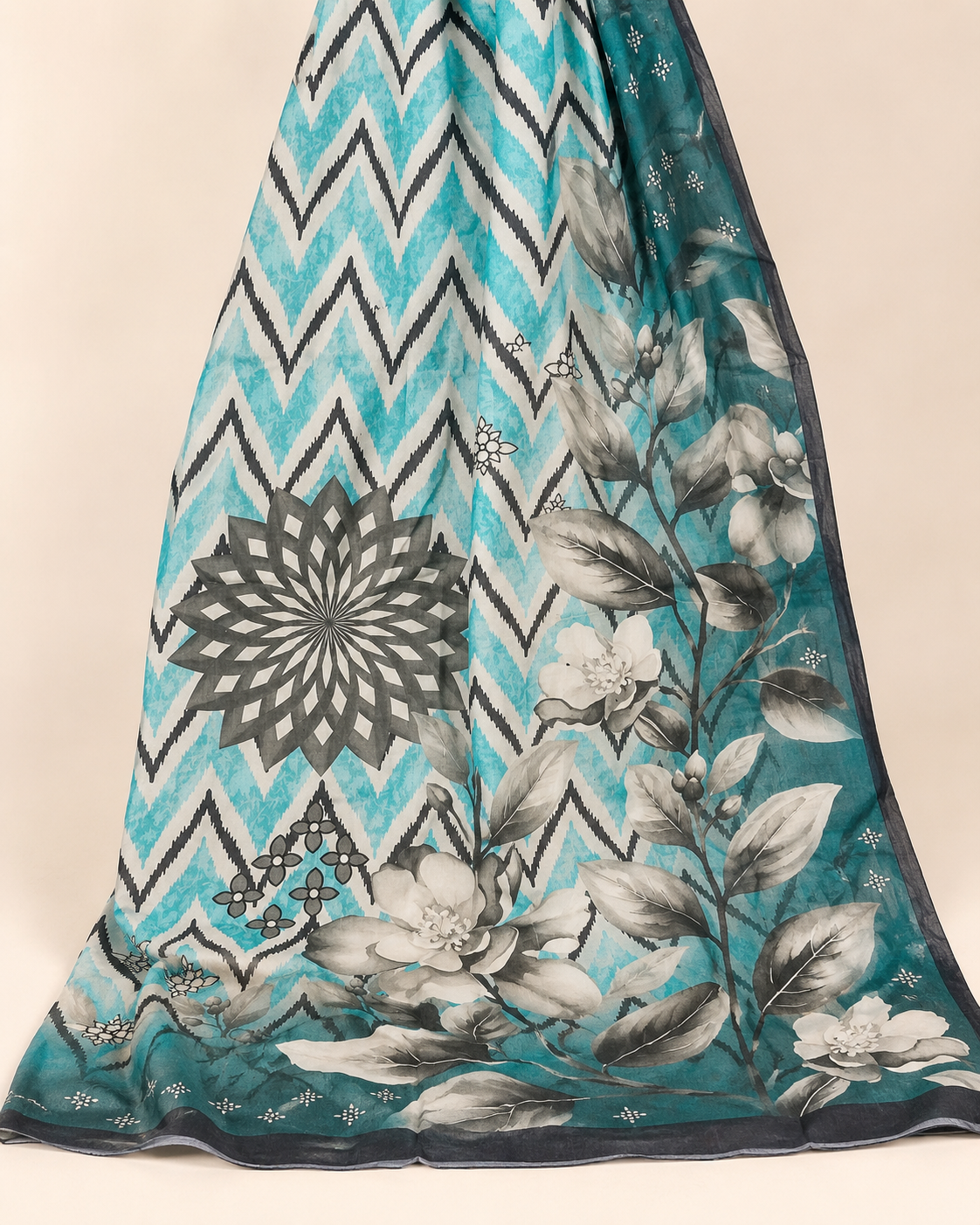 Aqua Turquoise Floral Linen 3-Piece Unstitched Suit