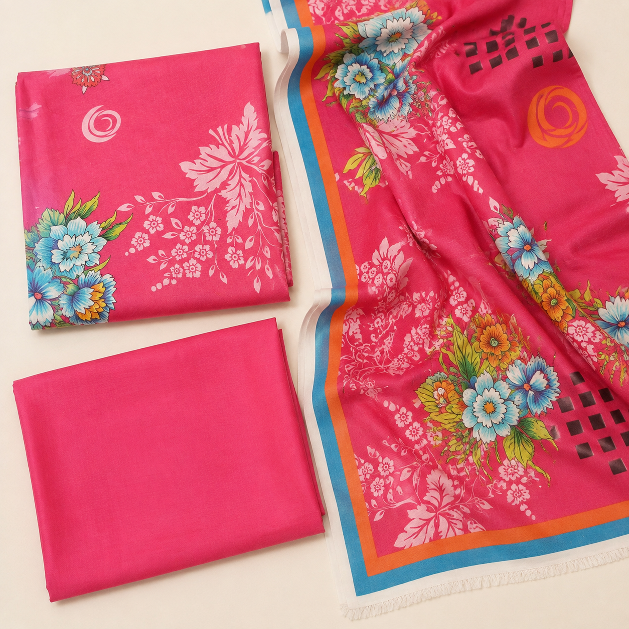 Pink Floral Printed Linen 3-Piece Unstitched Suit