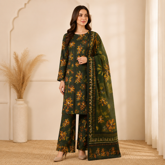 Dark Green Floral Linen 3-Piece Unstitched Suit (Alkaram)