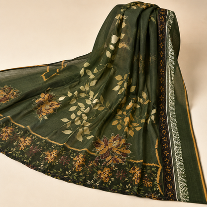 Dark Green Floral Linen 3-Piece Unstitched Suit (Alkaram)