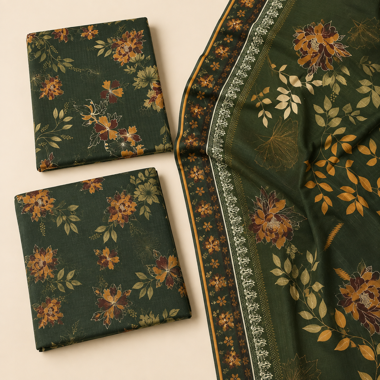 Dark Green Floral Linen 3-Piece Unstitched Suit (Alkaram)