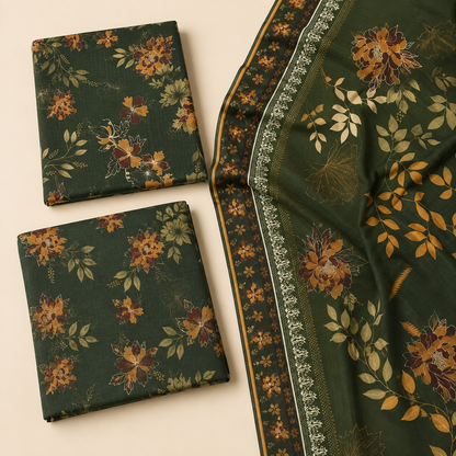 Dark Green Floral Linen 3-Piece Unstitched Suit (Alkaram)