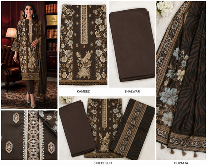 Brown Floral Embroidered Lawn 3-Piece Suit