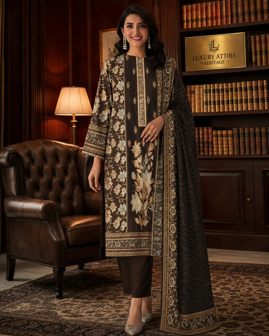 Brown Floral Embroidered Lawn 3-Piece Suit