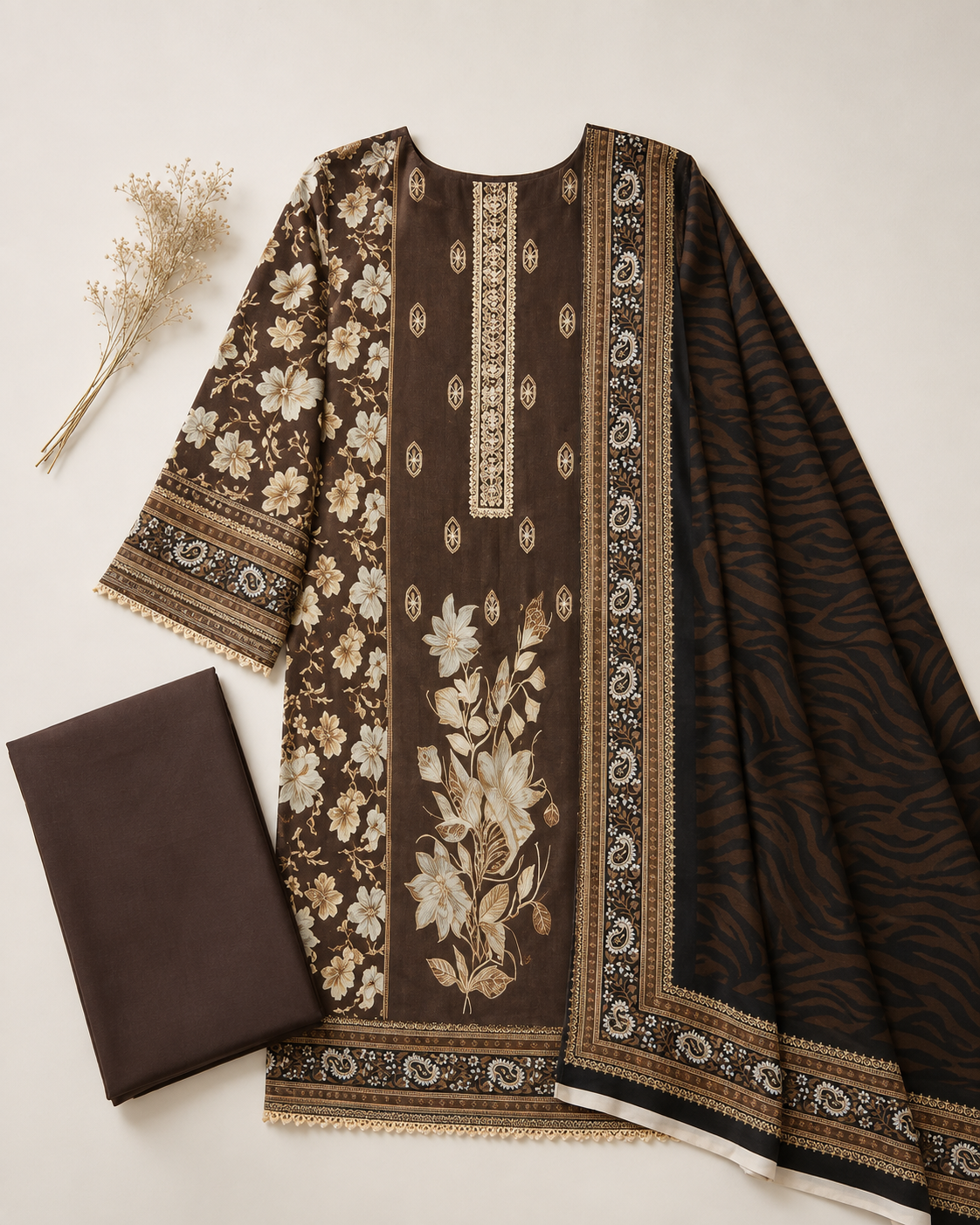 Brown Floral Embroidered Lawn 3-Piece Suit