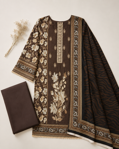 Brown Floral Embroidered Lawn 3-Piece Suit