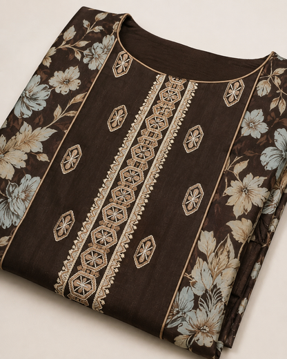Brown Floral Embroidered Lawn 3-Piece Suit