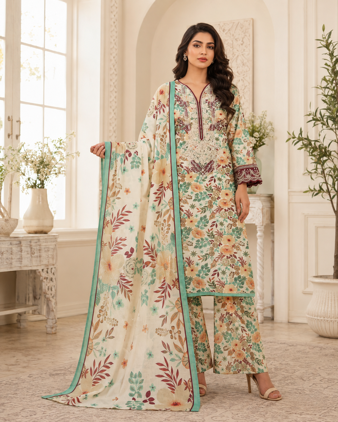 Cream Botanical Embroidered Linen 3-Piece Suit