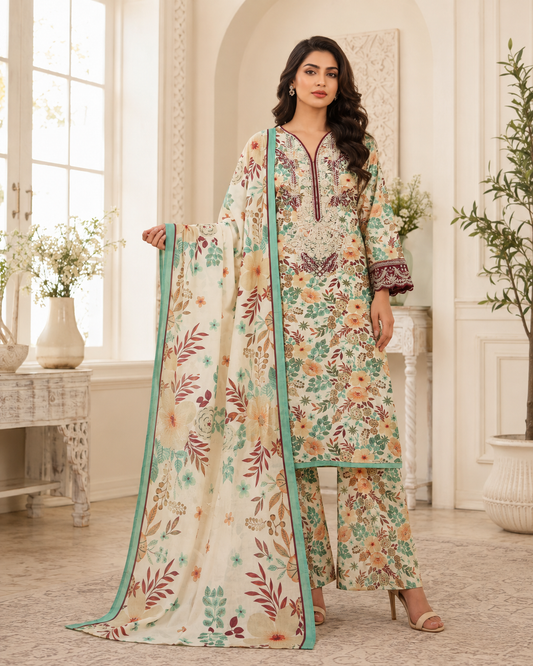 Cream Botanical Embroidered Linen 3-Piece Suit