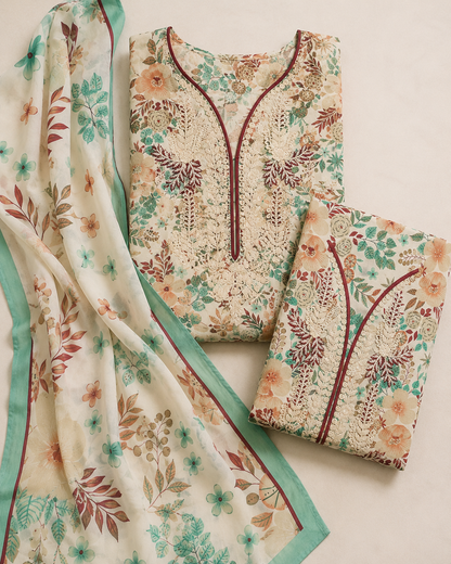 Cream Botanical Embroidered Linen 3-Piece Suit