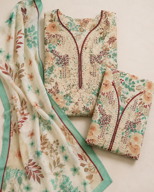 Cream Botanical Embroidered Linen 3-Piece Suit