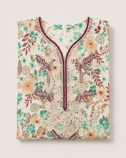 Cream Botanical Embroidered Linen 3-Piece Suit
