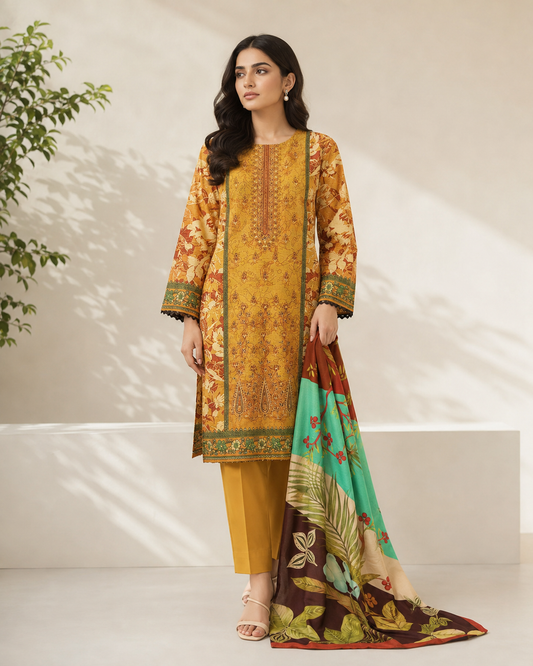 Mustard Embroidered Linen 3-Piece Suit with Printed Dupatta