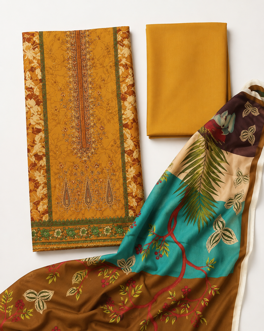 Mustard Embroidered Linen 3-Piece Suit with Printed Dupatta