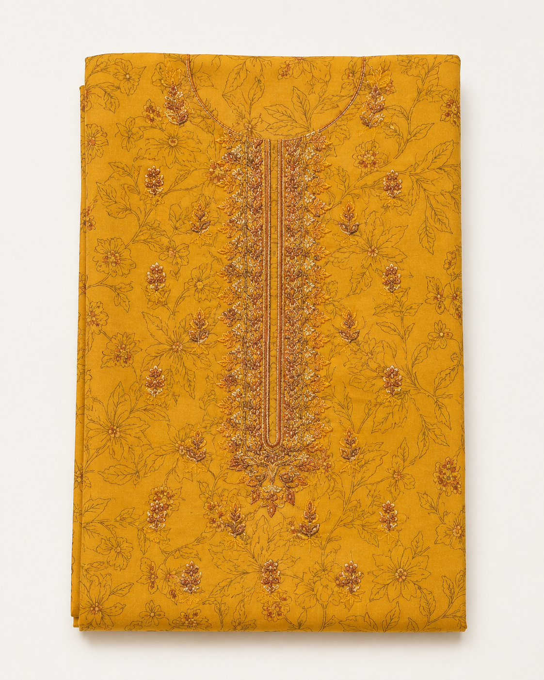 Mustard Embroidered Linen 3-Piece Suit with Printed Dupatta
