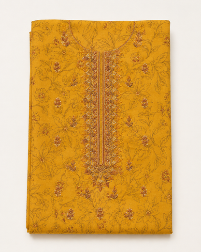 Mustard Embroidered Linen 3-Piece Suit with Printed Dupatta