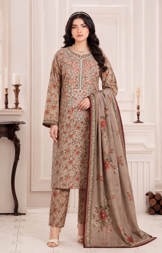 Taupe Floral Embroidered Linen 3-Piece Suit